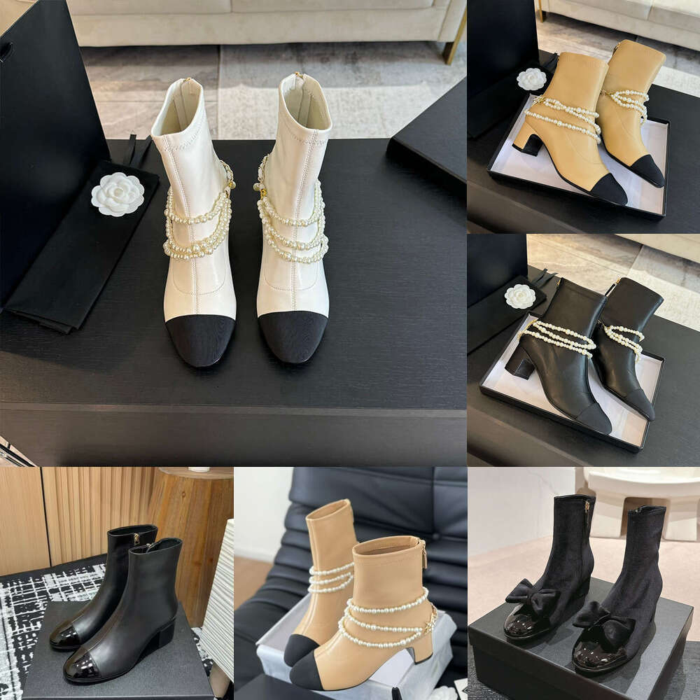 designer shoe Woman fashion boots luxury Ankle Boots Cap Toe Pearl Chain Strap Two Tone Sheepskin Leather Chunky Heels Side Zipper Comfortable half Mid-Calf booties
