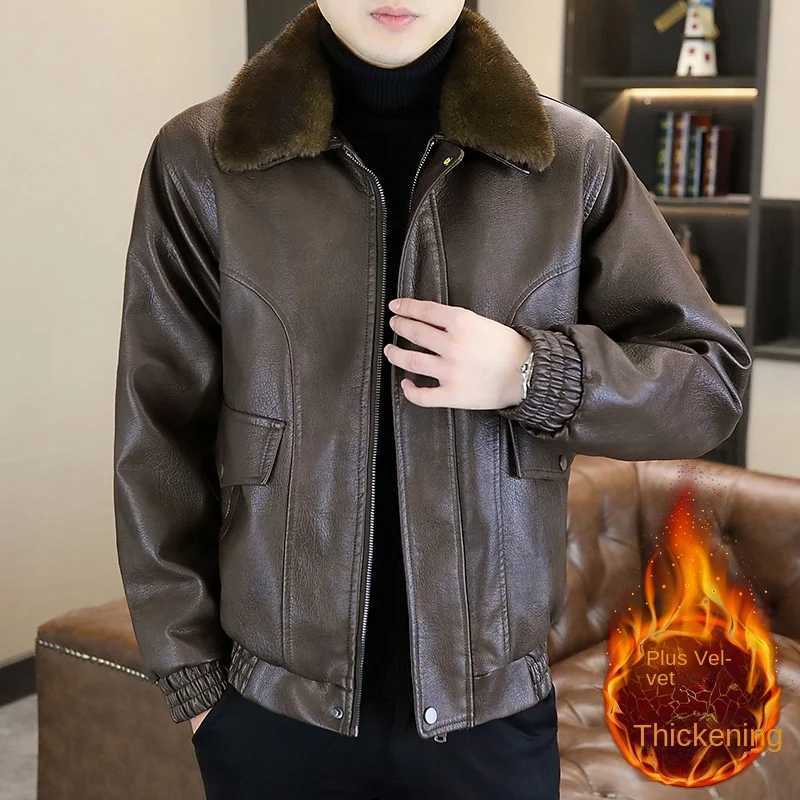 2025Mens Fleece-Lined Thickened Fur Collar Leather Jacket Autumn Winter New Style High-QualityT251204