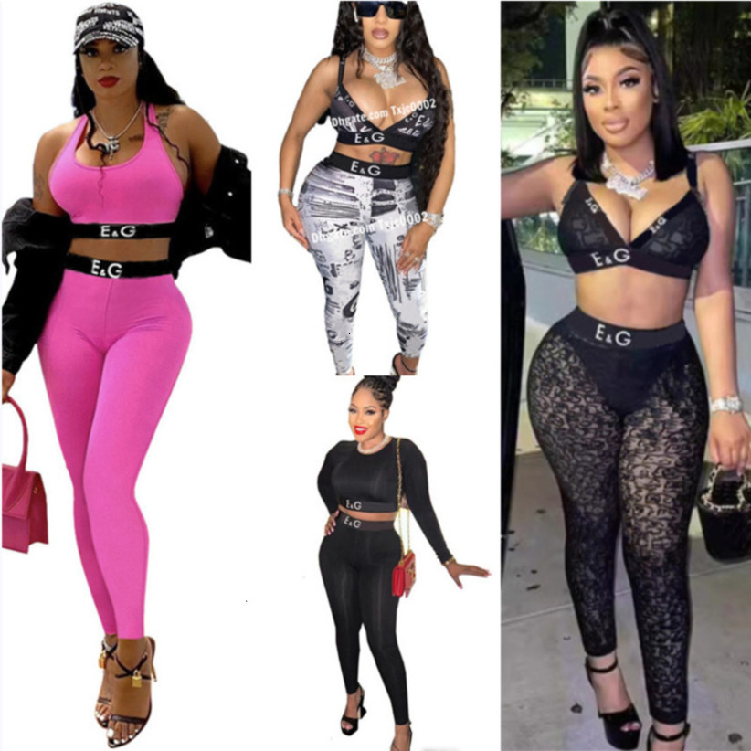Sexy Womens Tracksuits Designer New Fashion Two Piece Set Strap With Exposed Umbilical Wrapping Mesh Printed Letter Plush Pants Sets 6 Colours