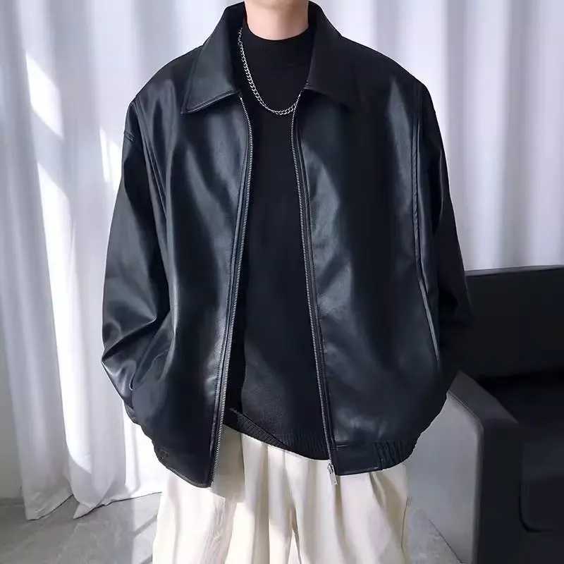 New Spliced lapel Zipper Pocket Mens Motorcycle Casual Handsome Retro Autumn and Winter PU Leather JacketT251204