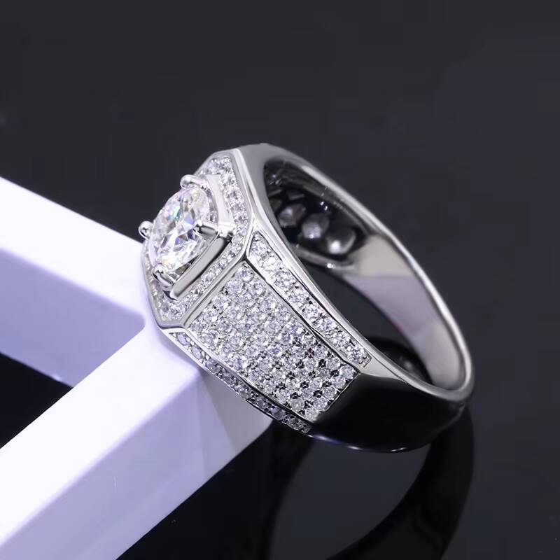 Free Shipping Fashion Men Ring Customized 14k Solid White Gold 1ct 2ct 3 Carats Super White Moissanite Gold Ring for Man