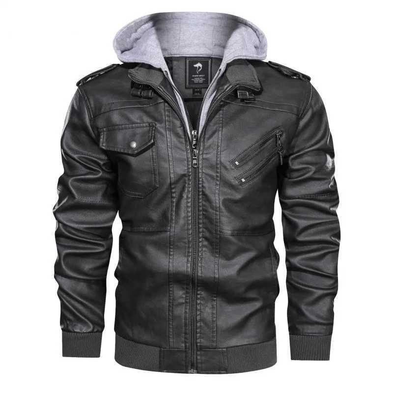 Autumn Mens Motorcycle Leather Jacket PU Fashion Slim-fit Removable Knitted Hat Leather Jacket MensT251204
