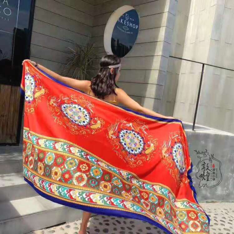 DHessentials Dunhuang Cave Art Shawl 90x190cm Flying Apsaras Lotus Blend Scarf Bohemian Beach Wrap Sun Protection