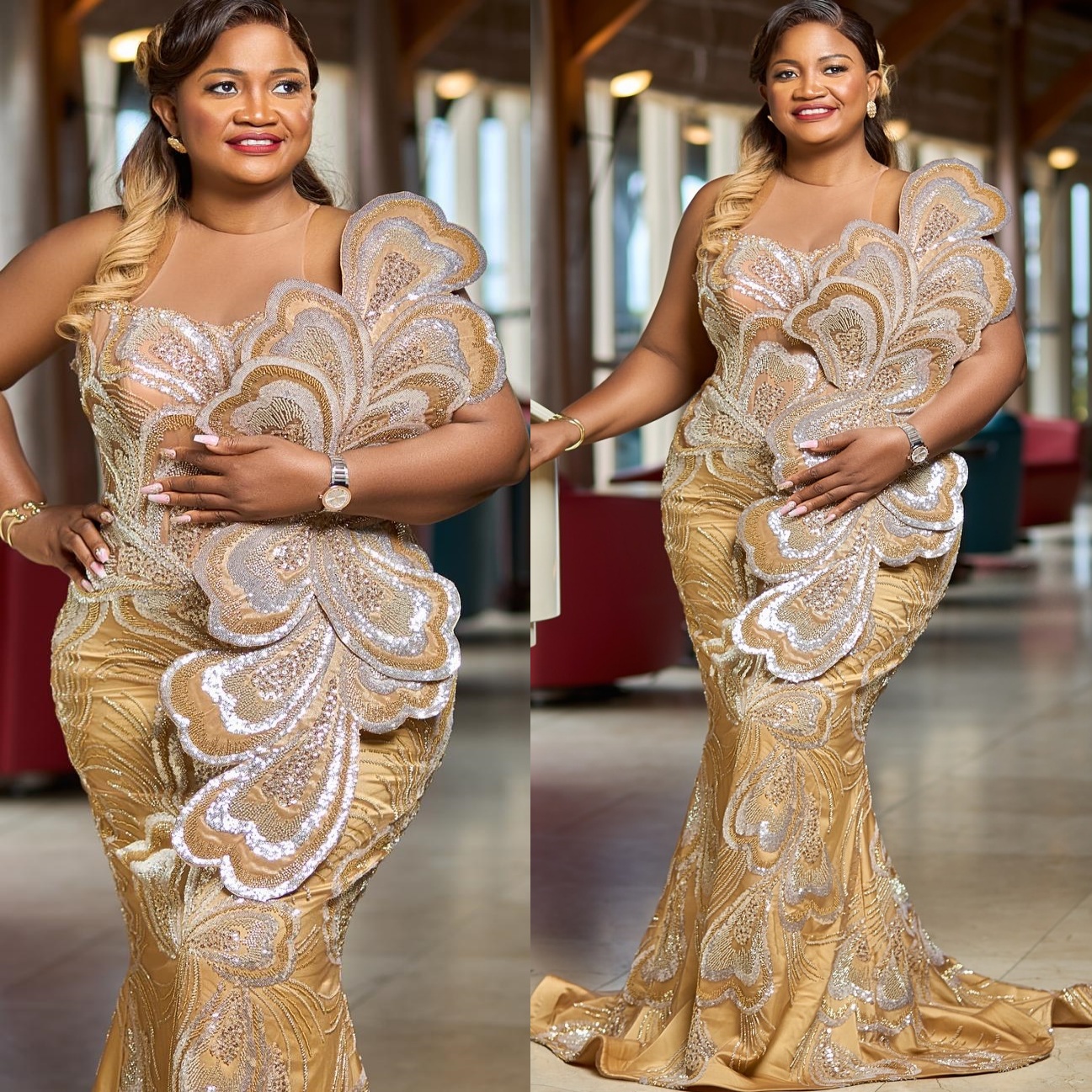 Aso Ebi Gold Mermaid Prom Dresses 2026 Florals Sheer Neck Sequined Evening Formal Party Second Birthday Engagement Gowns Plus Size Dress For Special O