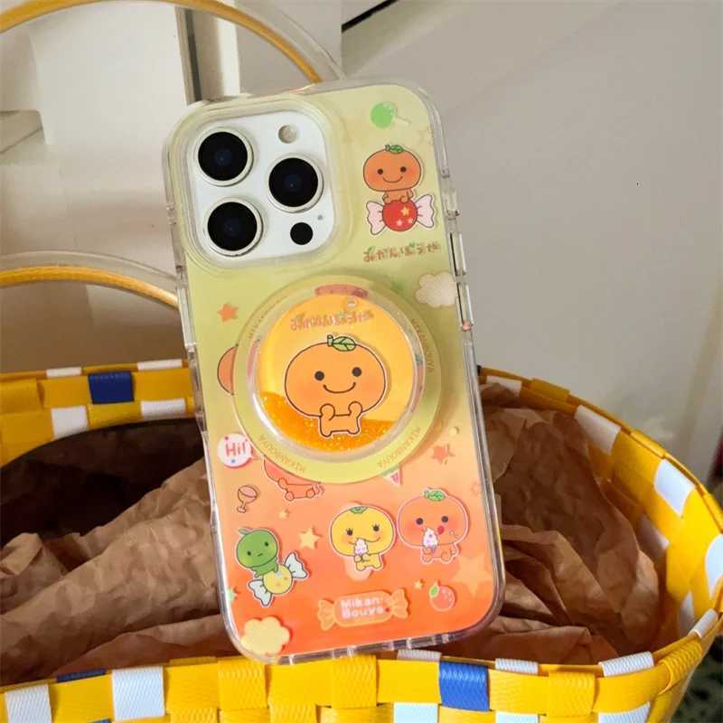 Kawaii Orange Magnetic Phone Case For iPhone 16 Pro 15 14 13 12 Pro Max Cover with Quicksand Stand Air bag Cute Cases H251203