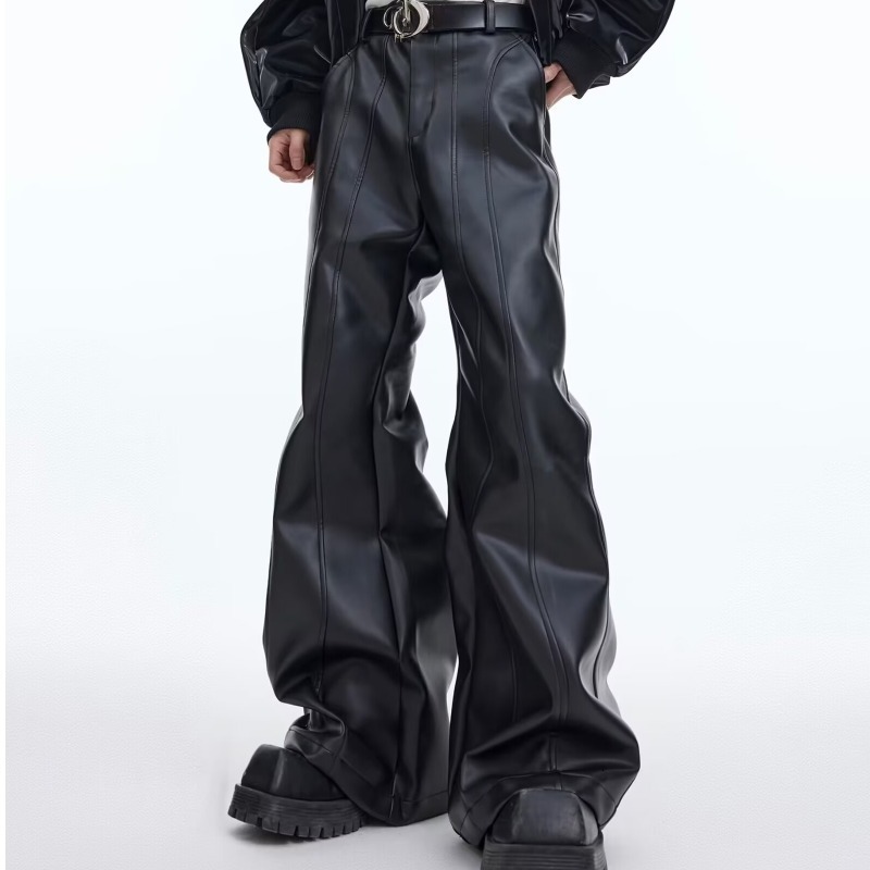 Mauroicardi Autumn Long Black Baggy Pu Leather Wide Leg Cargo Pants for Men Three-dimensional Pockets er Clothes 241213