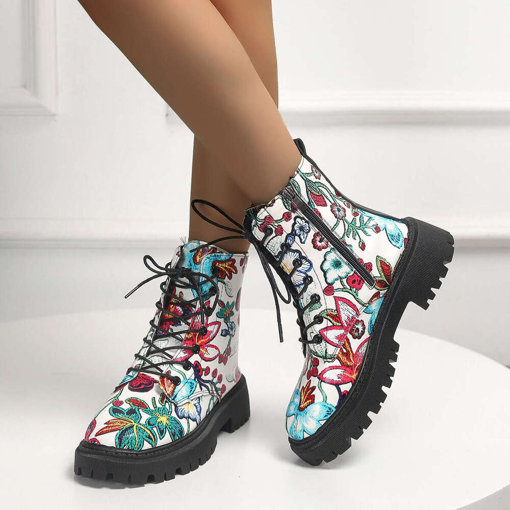 Stivali Alti Stampati Da Donna, Stivali Casual Stringati Con Punta Tonda Per L'…