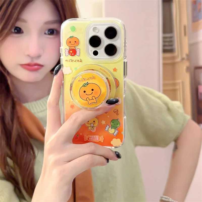 Kawaii Orange Magnetic Phone Case For iPhone 16 Pro 15 14 13 12 Pro Max Cover with Quicksand Stand Air bag Cute Cases H251203