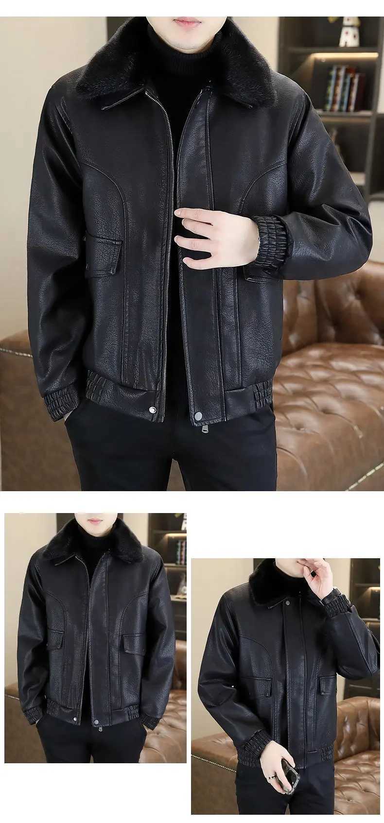 2025Mens Fleece-Lined Thickened Fur Collar Leather Jacket Autumn Winter New Style High-QualityT251204
