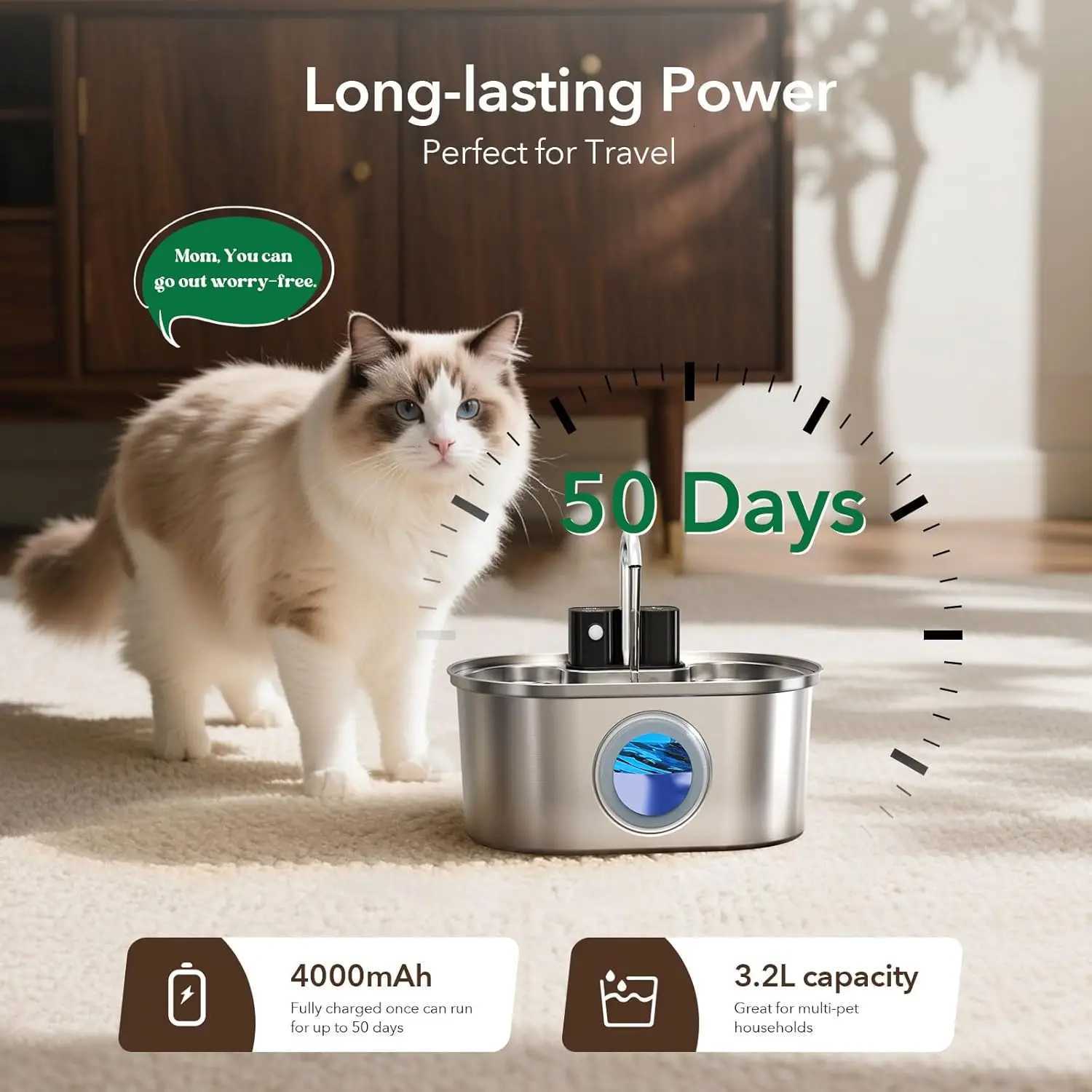 32L Stainless Steel Wireless Pet Water Fountain Battery Powered Motion Sensor Silent Filtered Cat and Dog Water Fountain M251204