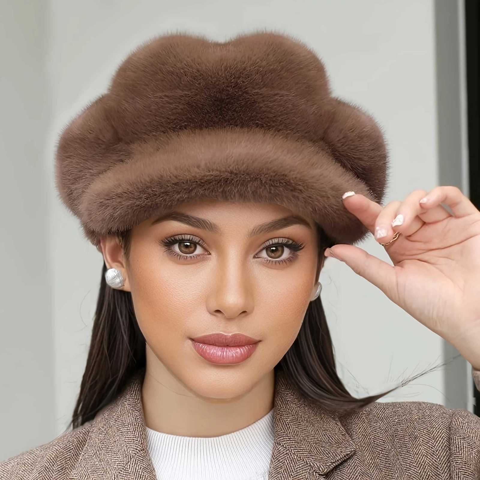 Womens Faux Fur Newsboy Cap Christmas Warm Cable Knit Beret Hat with Visor Fashion Retro Cabbie Hat for Winter Holiday XmasXJ251204 - view 6