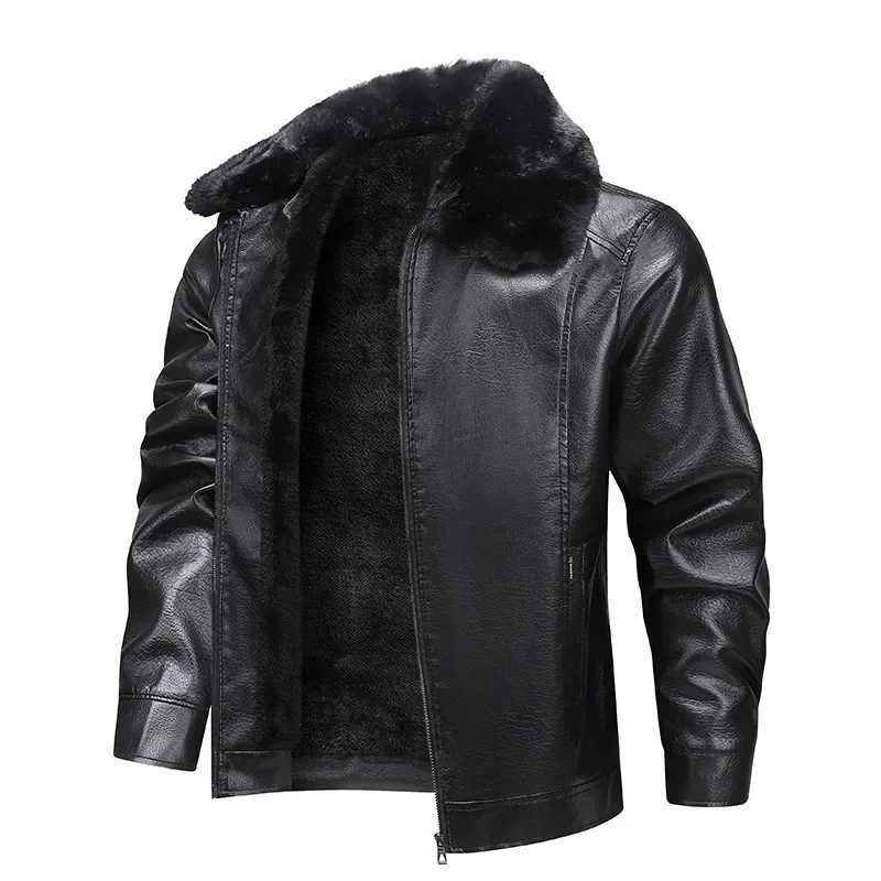 Thickened Fleece Warm Mens Leather Jacket Fur Collar Waterproof Windproof Coat Business Collar Winter OuterwearT251204