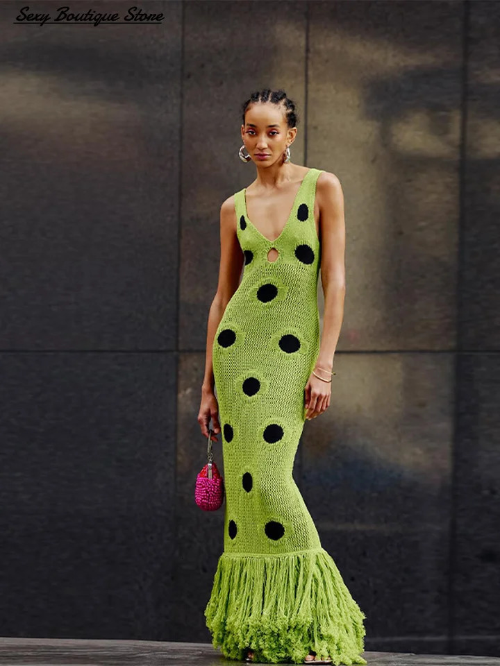 Women Sexy See Through Knitted Maxi Dress Hollow Out Deep Neck Pot Robes Tassel Hem Fork Party Vestidos Lady Club Dress 251203