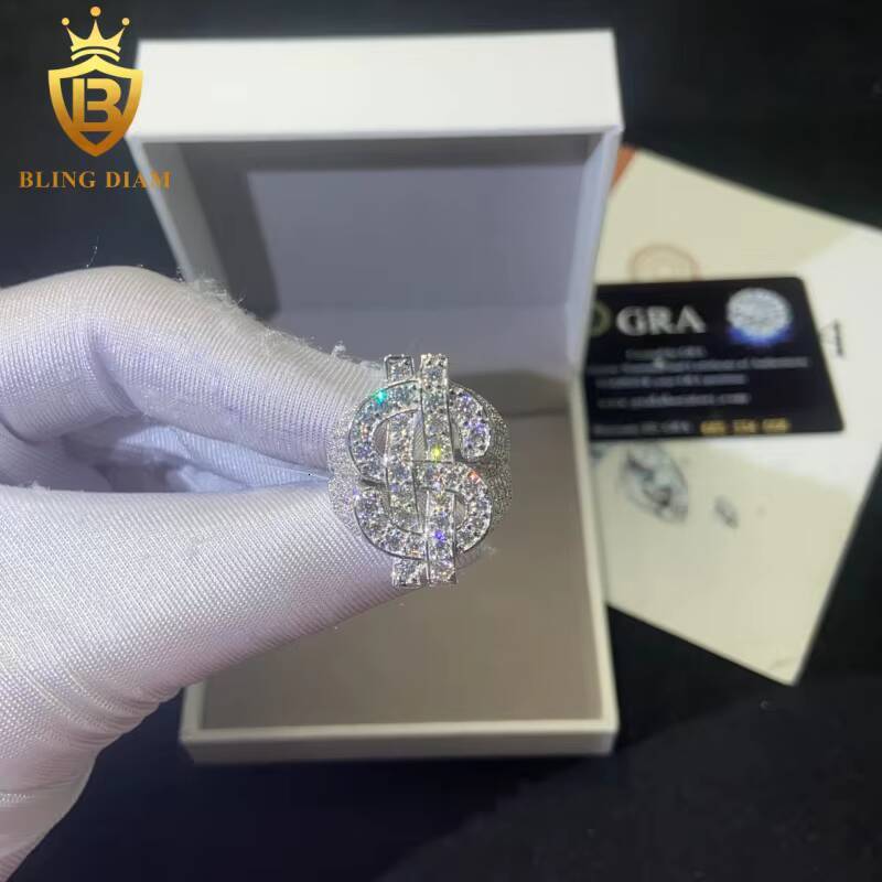 925 Sterling Silver Moissanite Rings Dollar-Shaped Ring Iced Out Moissanite Hip Hop Style Jewelry Ring Pass Diamond Test GRA