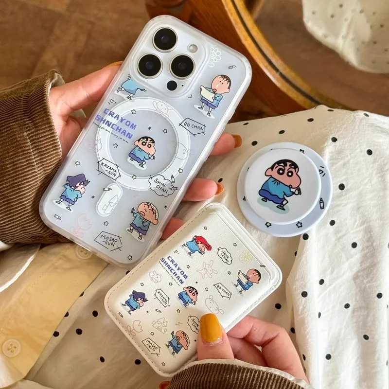 Cute cartoon Crayon Shin-chan Wallet Wireless Charg Phone Case For iPhone 17 13 14 15 16Pro Max Shin-chan Magnetic Stan H251203