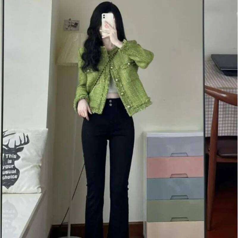 New Spring and Autumn Korean Short Tweed Coat Women Long Sleeve Small Fragrance Jacket Vintage Casual Jackets Female Outerwear