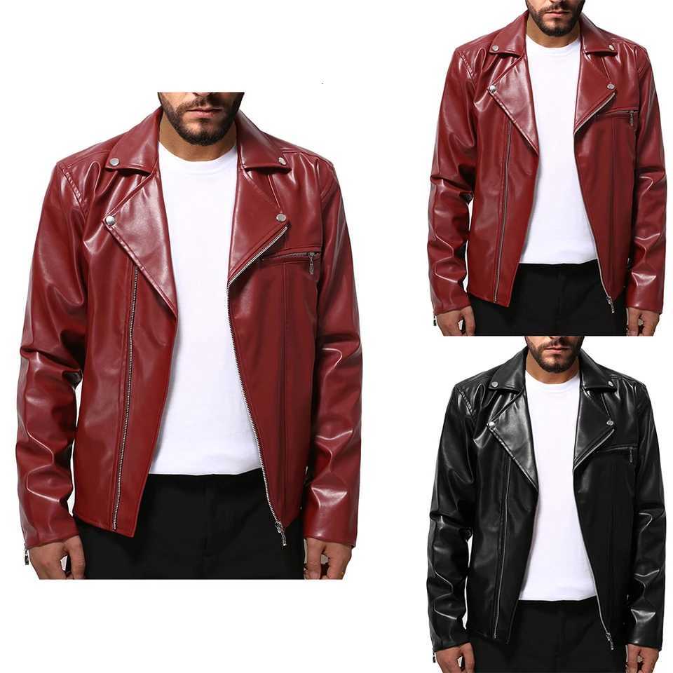Mens PU Leather Slim Fit Motorcycle Jacket with Lapel Collar Zipper Long Sleeve Punk Outerwear for Casual OccasionsT251204