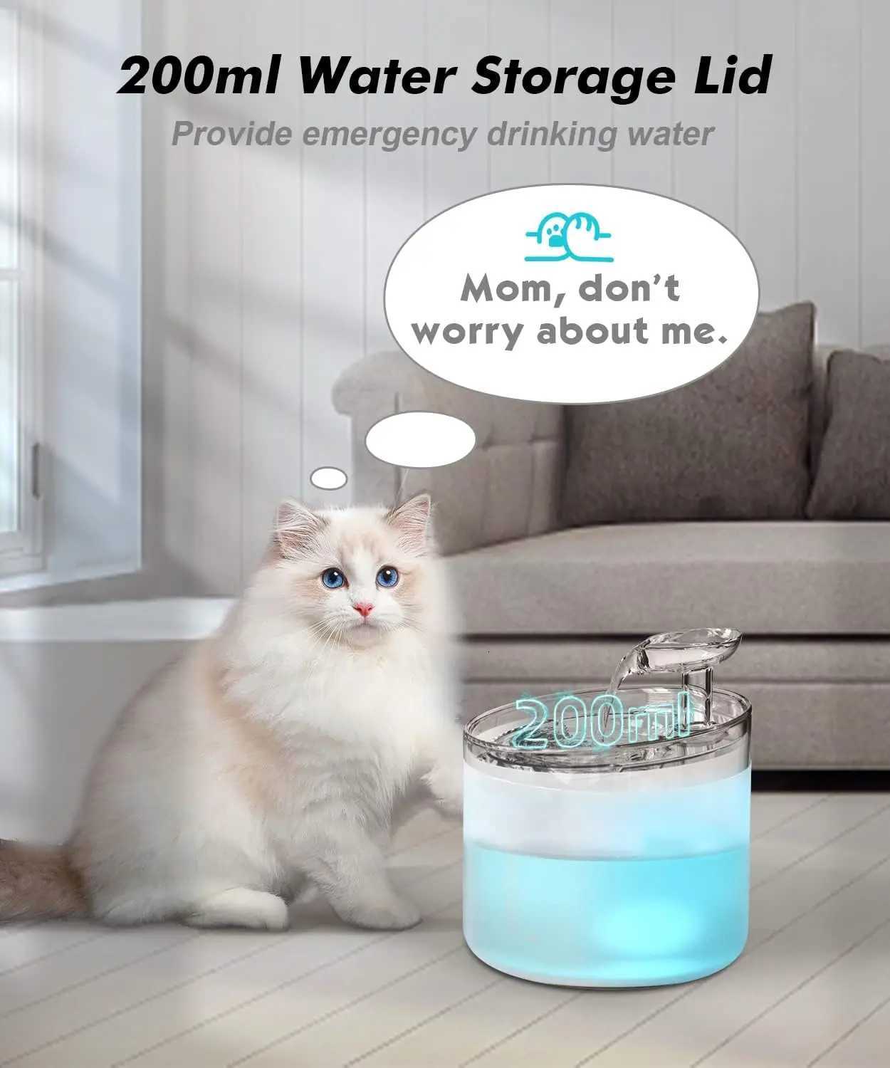 NPET WF100 Cat Water Fountain 54oz/16L Automatic Pet Fountain Cat Water Dispenser with 2 Flow Modes Light Quiet Pump for Cats M251204