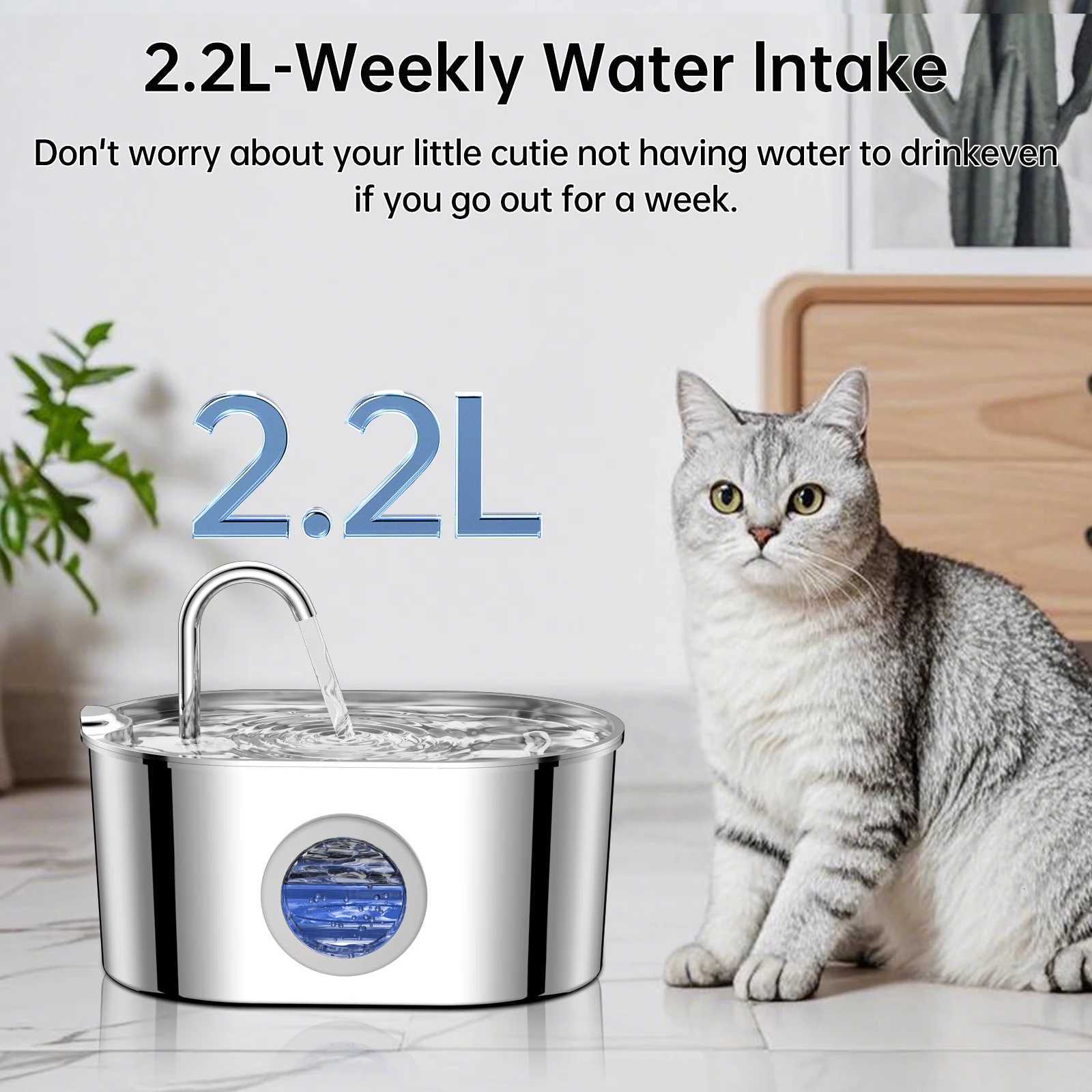 Stainless steel cat fountain 74 oz/22 liters with water level windows and silent water pump for cats and puppies M251204