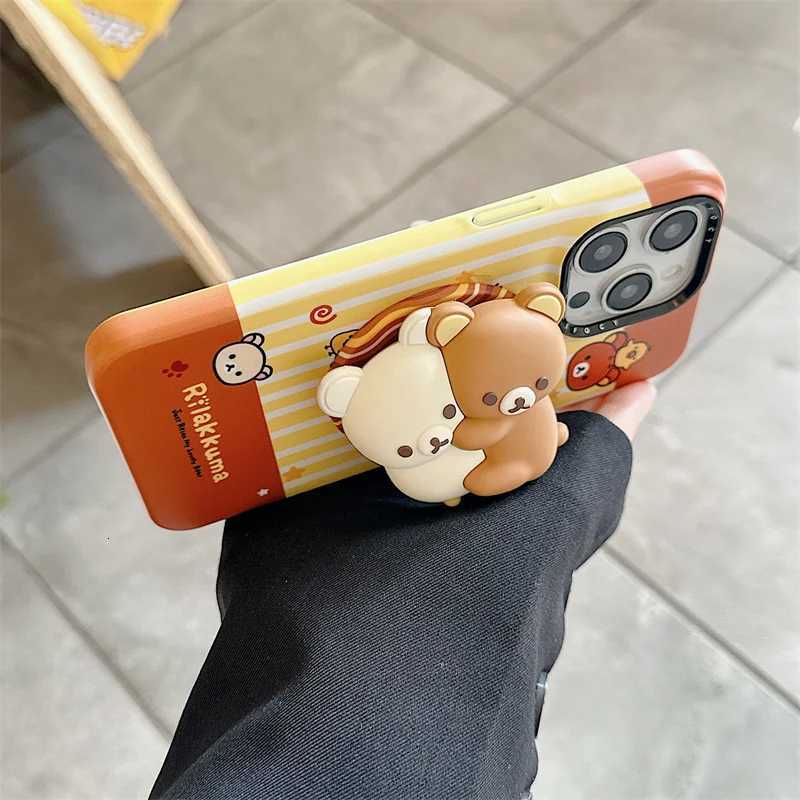 Kawaii Cartoon Bear Strip Plaid Pattern Magnetic Phone Case For iPhone 17 Pro 15 14 16 Pro Max Cover with Holder Cute Cases H251203