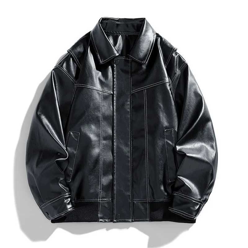 Men Leather Coat Autumn High Street Solid Turn Down Collar Male Outerwear Motorcycle Punk Waterproof Long Sleeve Man JacketT251204