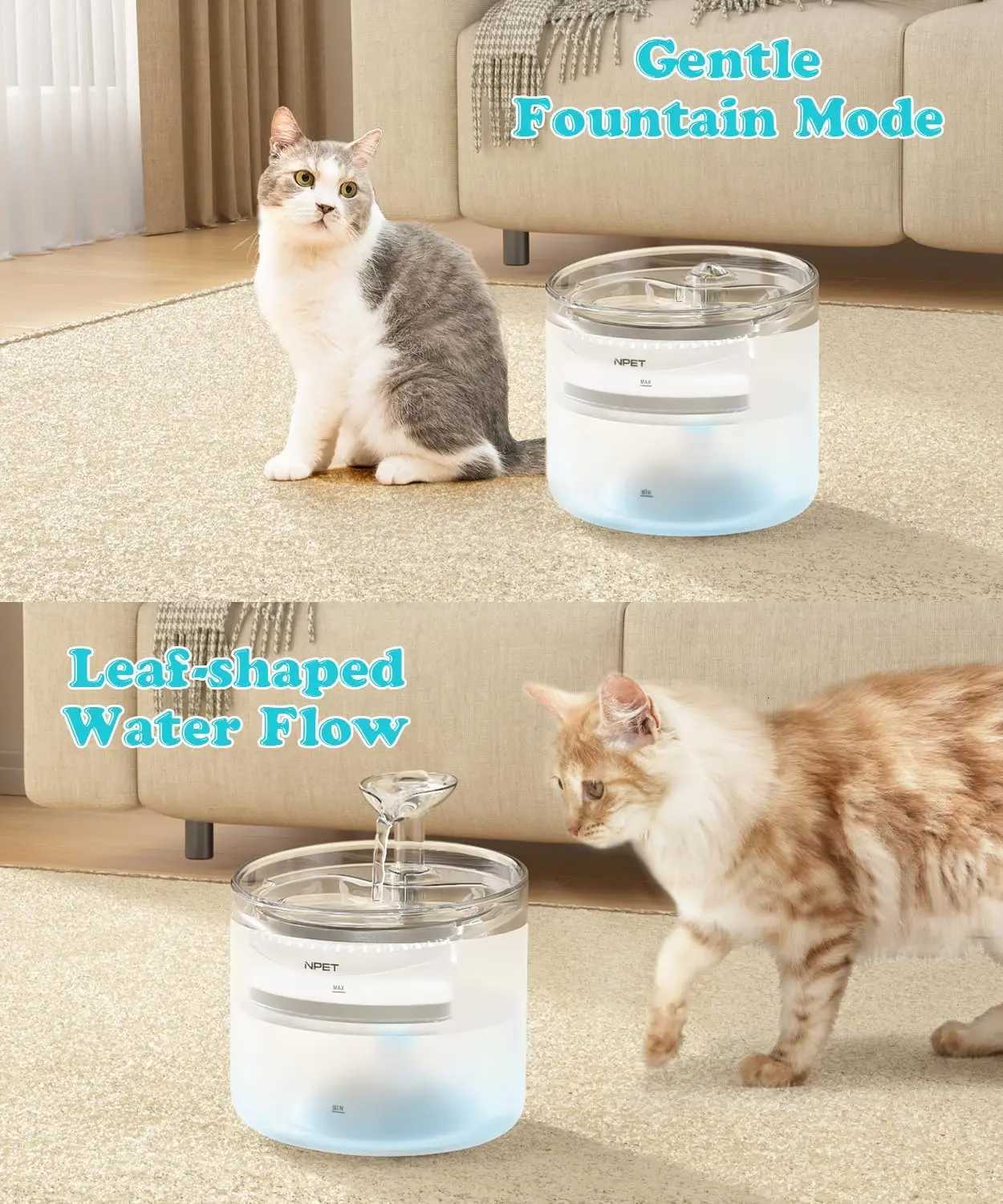 NPET WF100 Cat Water Fountain 54oz/16L Automatic Pet Fountain Cat Water Dispenser with 2 Flow Modes Light Quiet Pump for Cats M251204