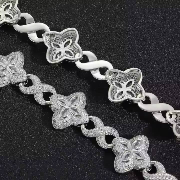 10mm Gold Silver Plated Link Chain Moissanite Iced Four Leaf Clover Cuban Necklace Perfect Daily Wear Wedding Gift