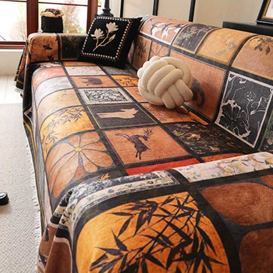 1pc Old Money Style Chenille Sofa Towel Retro Painted Grid Print Sofa Throw Blanket with Tassels All-cover Couch Protector M251204 - view 6