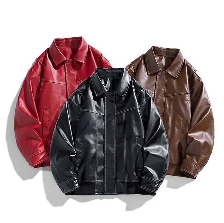 Men Leather Coat Autumn High Street Solid Turn Down Collar Male Outerwear Motorcycle Punk Waterproof Long Sleeve Man JacketT251204