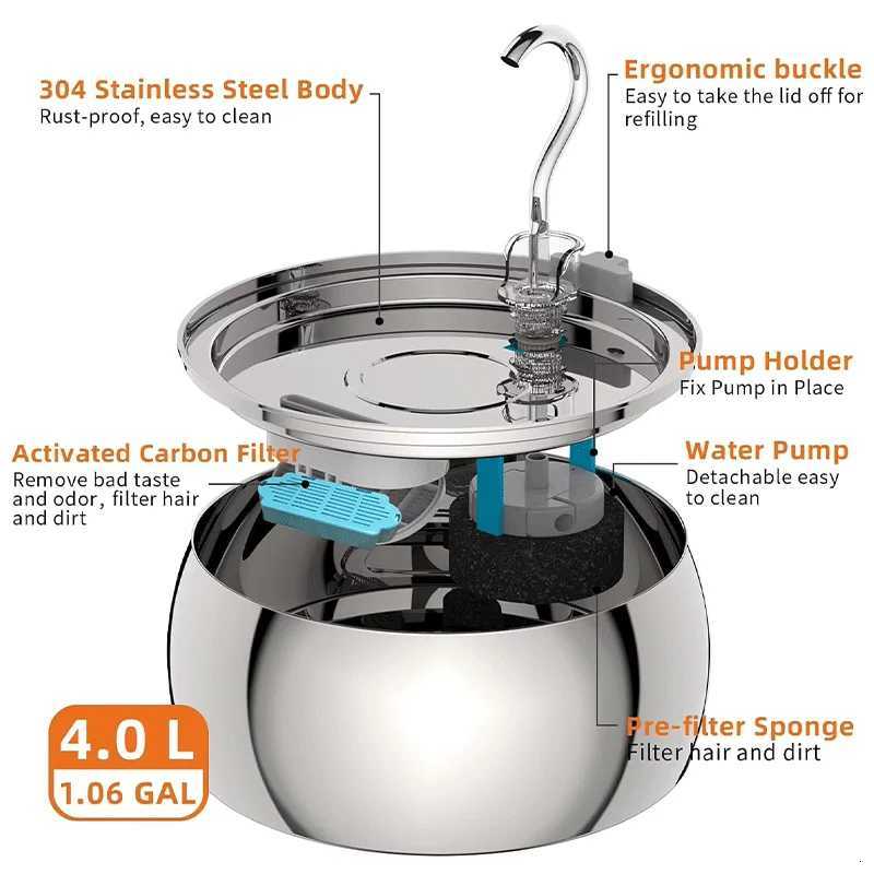 4L Ultra-Quiet Stainless Steel Cat Water Fountain Automatic Drink Filter Pet Drinking Dispenser Drinker For Cats Water Filter M251204