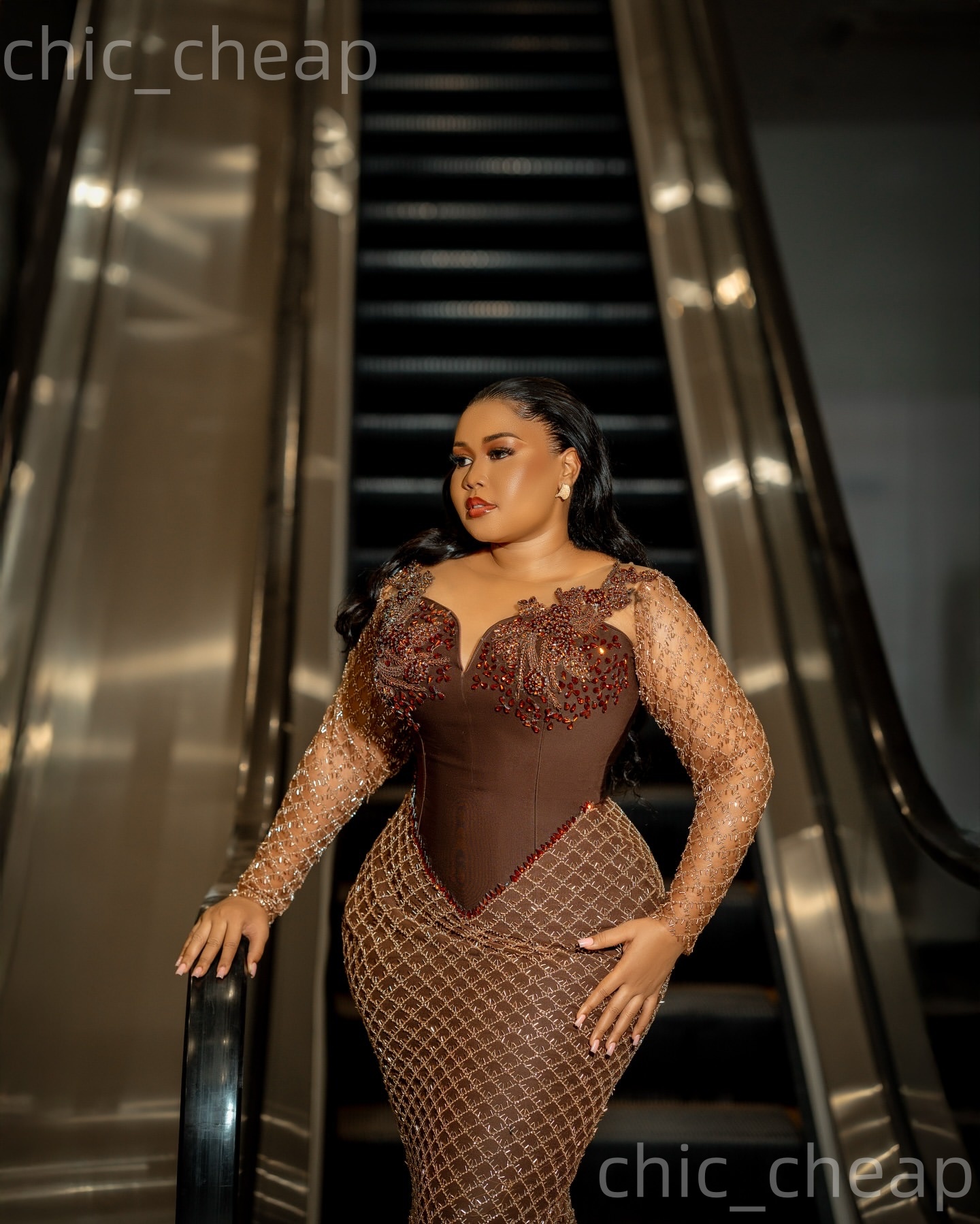 Aso Ebi Chocolate Mermaid Prom Dresses 2026 Sheer Neck Crystals Sparkly Evening Formal Party Second Birthday Engagement Gowns Plus Size Dress For Spec