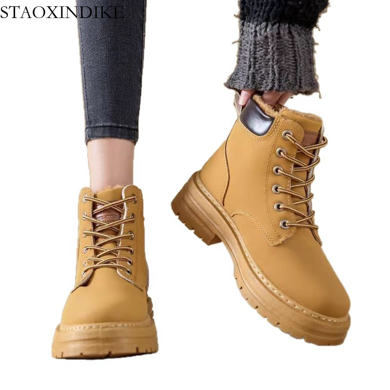 2025 Winter Hot-Selling Women's Martin Boots British Style Women's Shoes Hiking Short Boots with Fleece Yellow Boots