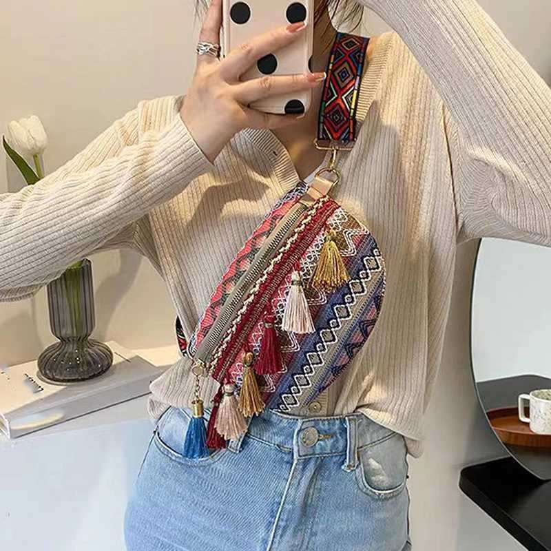 Women Folk Style Waist Bags with Adjustable Strap Variegated Color Fanny Pack with Fringe Decor Crossbody Chest Bags T251204