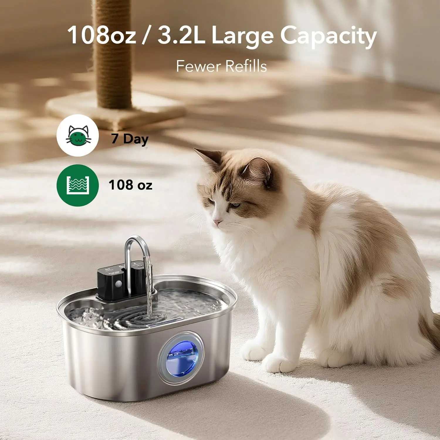 32L Stainless Steel Wireless Pet Water Fountain Battery Powered Motion Sensor Silent Filtered Cat and Dog Water Fountain M251204