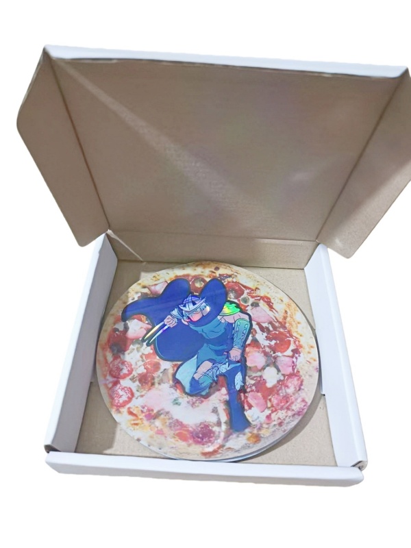 holographic pizza bag matching box 3.5 mylar bag stand up foil pouch die cut shape 1/8oz cali pack smell proof packaging baggies custom print