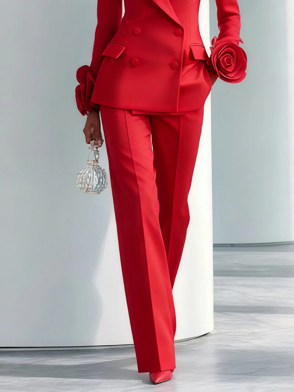 2 Pieces Red Flowers Women Pants Suits Long Sleeve Customized Formal Lady Wear Guest Party Blazer Sets