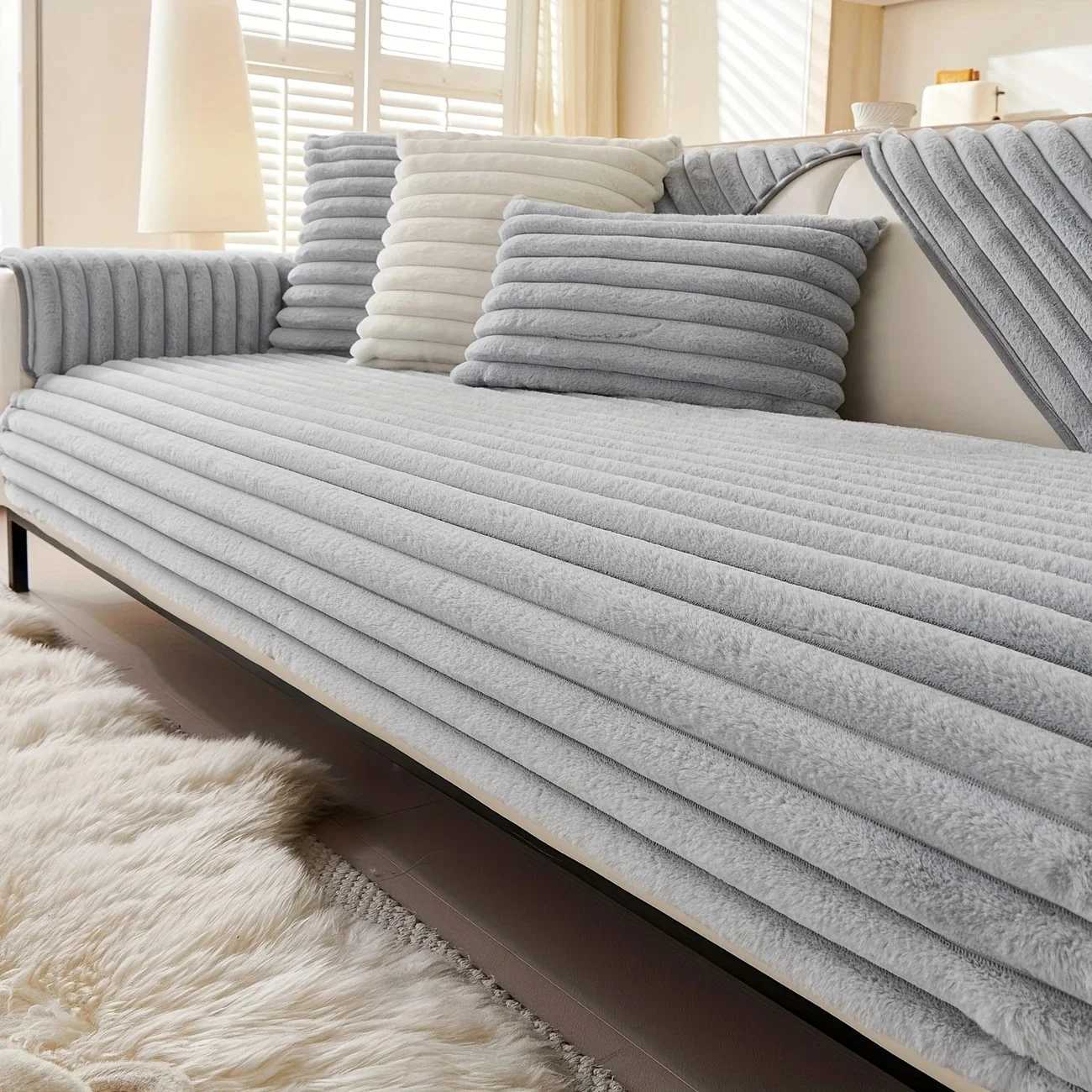 Thicken Plush Stripe Immitation Rabbit Fur Non-Slip Sofa Cover for Winter Living Room Couch Seat Decor Slipcover Sofa Towel M251204 - view 4