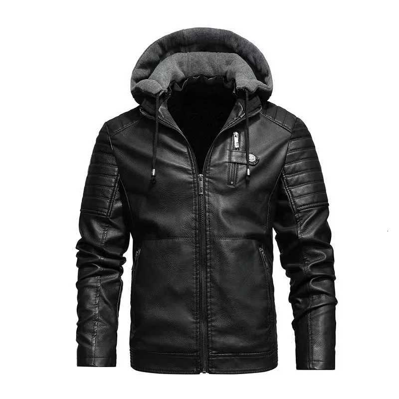 Mens Winter Casual PU Leather Hooded Zipper Fleece-lined Thicken Warm Jackets Male Motorcycle Leather Jacket Outdoor CoatsT251204