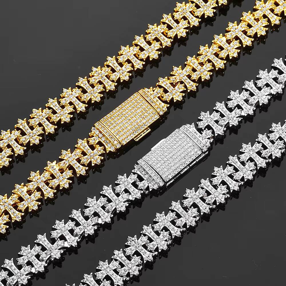 NUOYA Luxury 11MM Iced Out Diamond Link Chain Gold Plated Cross Bling Zircon Necklace Hip Hop Fine Jewelry