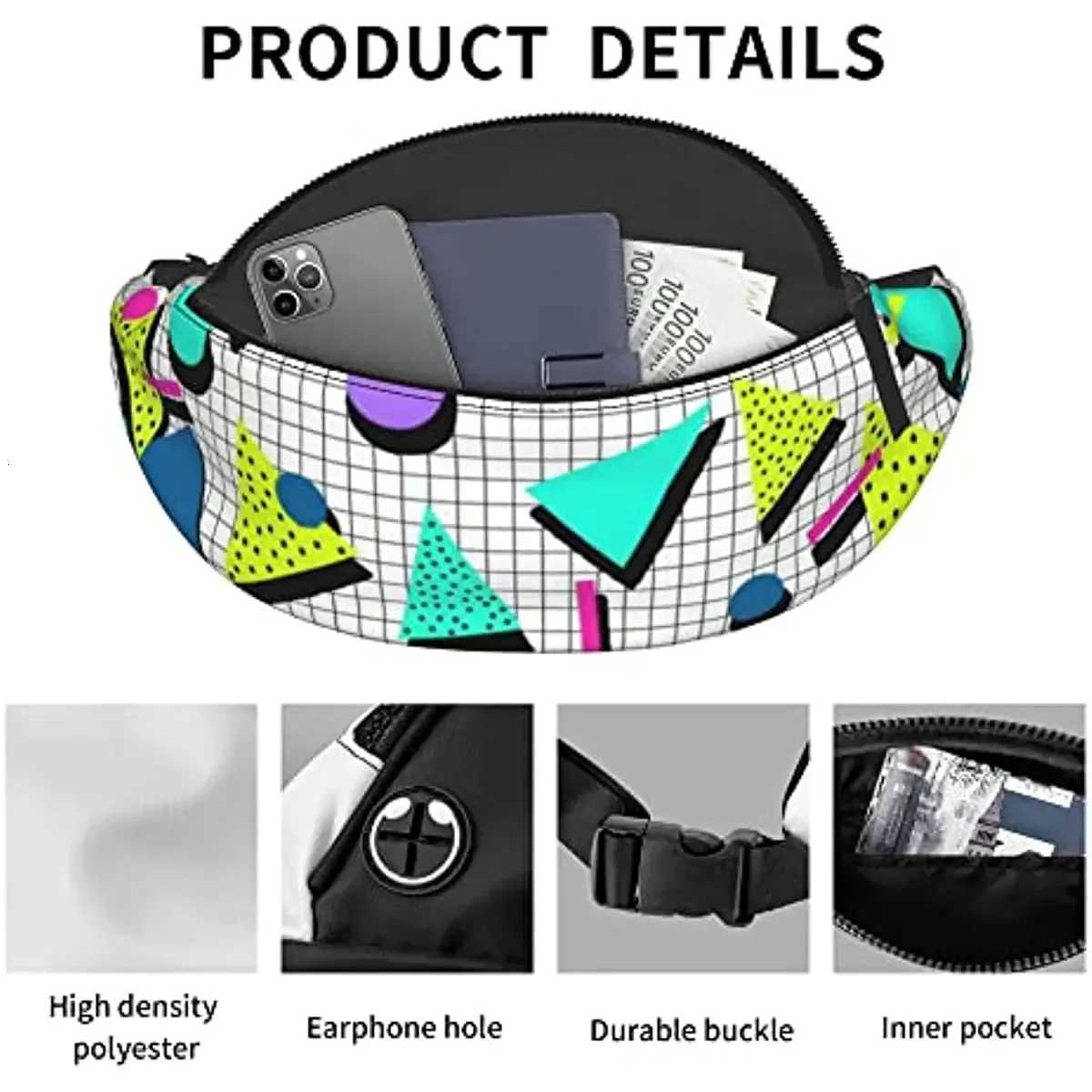 Retro Style 80s 90s Memphis Style Design Fanny Pack for Men and Women Adjustable Casual Waist Bag for Traveling Hiking CyclingT251204