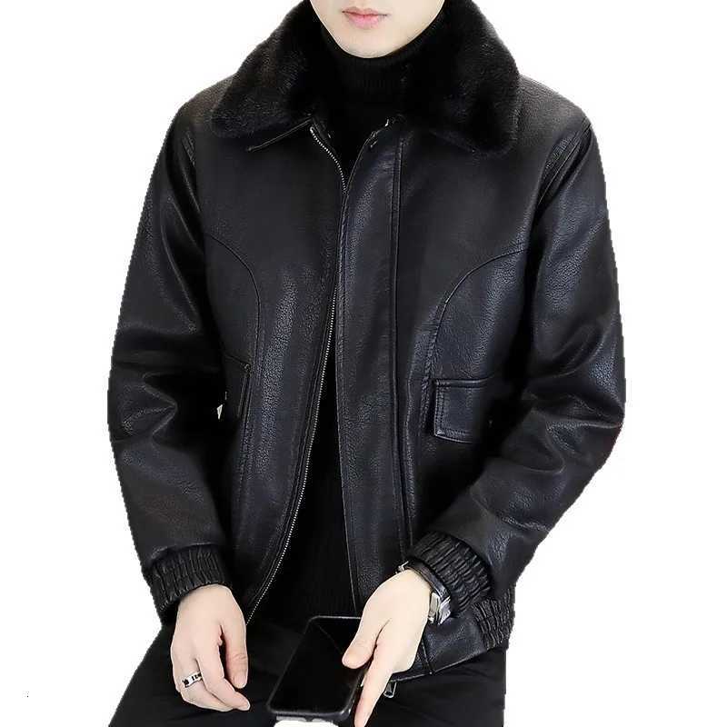 2025Mens Fleece-Lined Thickened Fur Collar Leather Jacket Autumn Winter New Style High-QualityT251204
