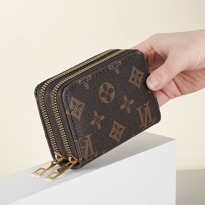 Women's wallet with dual zippers, European and American retro style, compact and compact, with multiple card slots, fashionable card bag, and coi