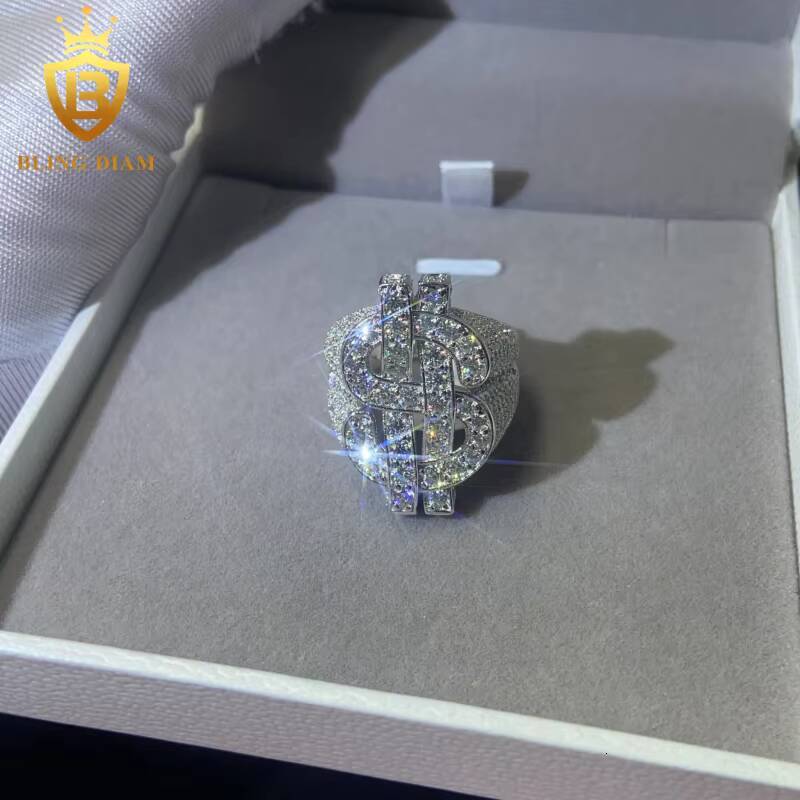 925 Sterling Silver Moissanite Rings Dollar-Shaped Ring Iced Out Moissanite Hip Hop Style Jewelry Ring Pass Diamond Test GRA