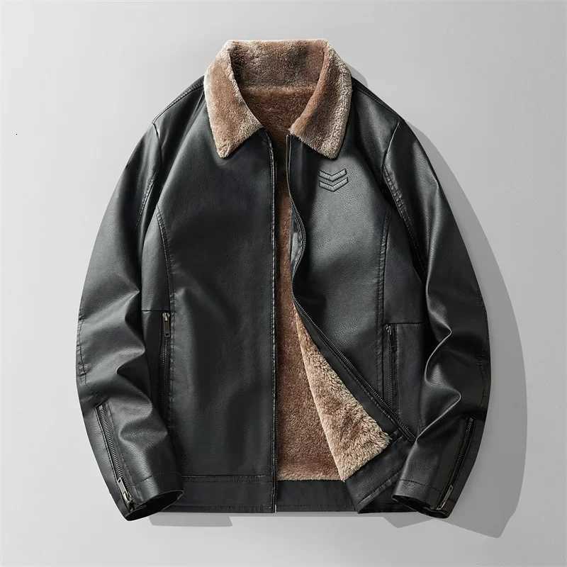 High Quality Classical Mens Winter Autumn Fur Collar PU Leather Jacket Mens PU Leather Vintage Jackets Fleece Multi-pocket MaleT251204