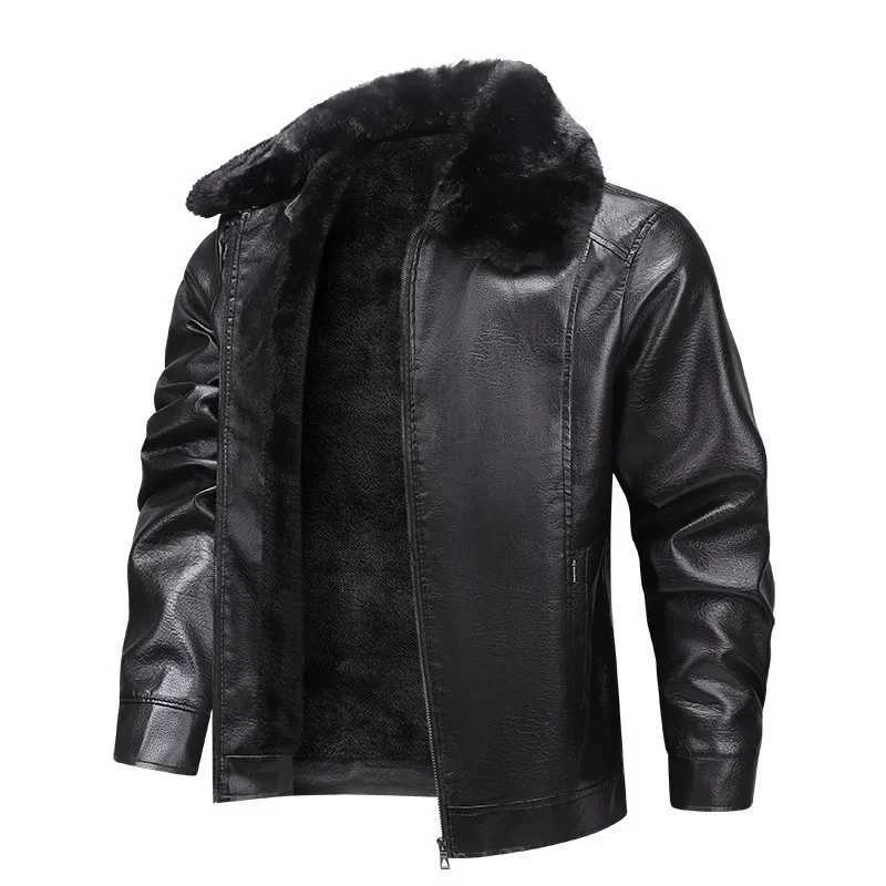 Thickened Fleece Warm Mens Leather Jacket Fur Collar Waterproof Windproof Coat Business Collar Winter OuterwearT251204