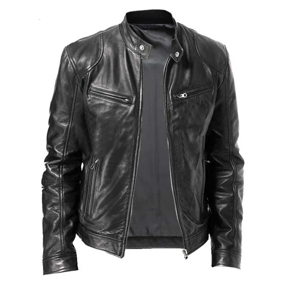 Spring Mens Stand-up Collar Slim Leather Jacket Zipper Pocket Decorative PU Coat Biker Men Clothes Casual Male leather jacketsT251204
