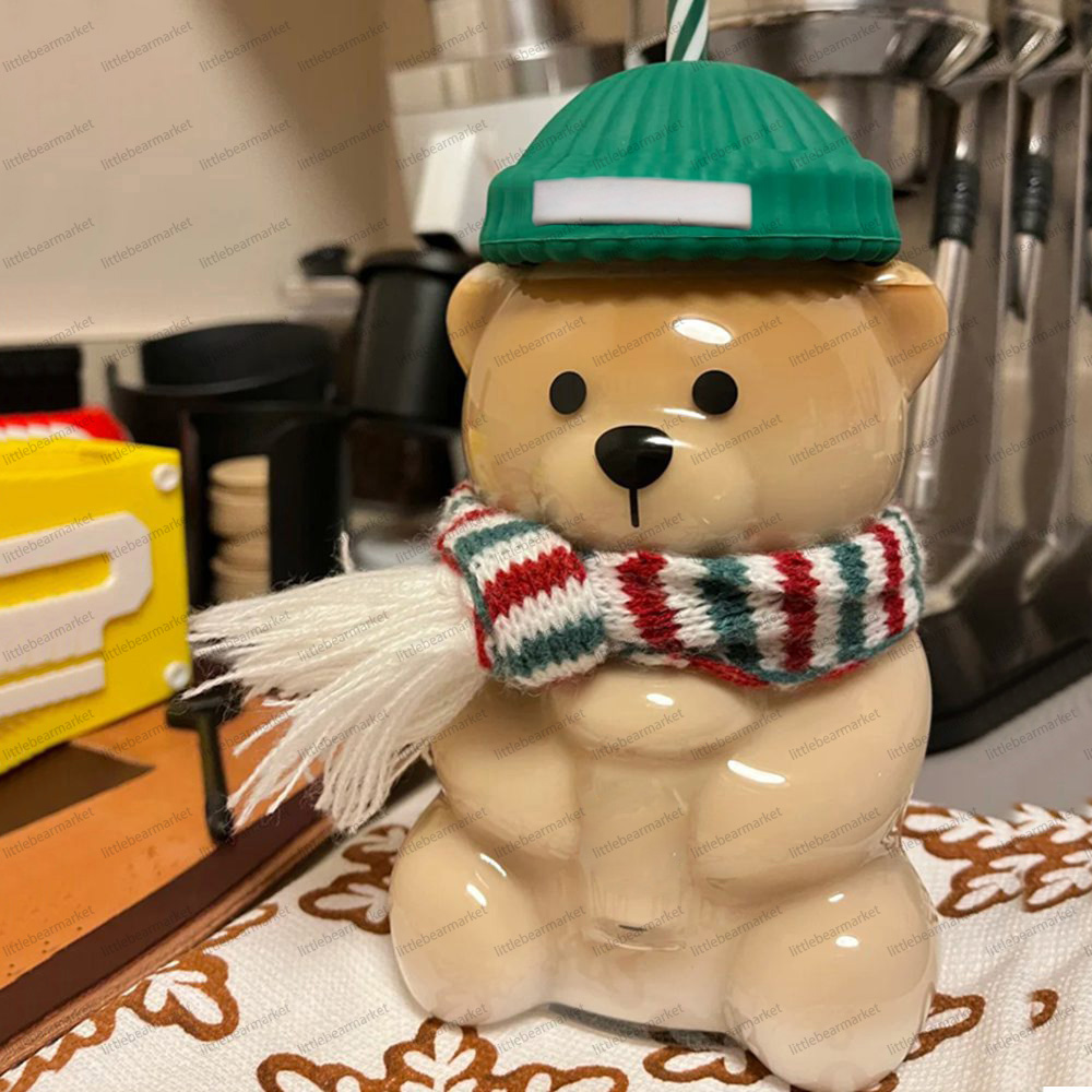 20oz Bear Cup Glass Green Series With Straw Cute Transparent Tumbler With Hat Cold Cup Tumbler Straw Holiday Christmas Gift Mug There is a sign
