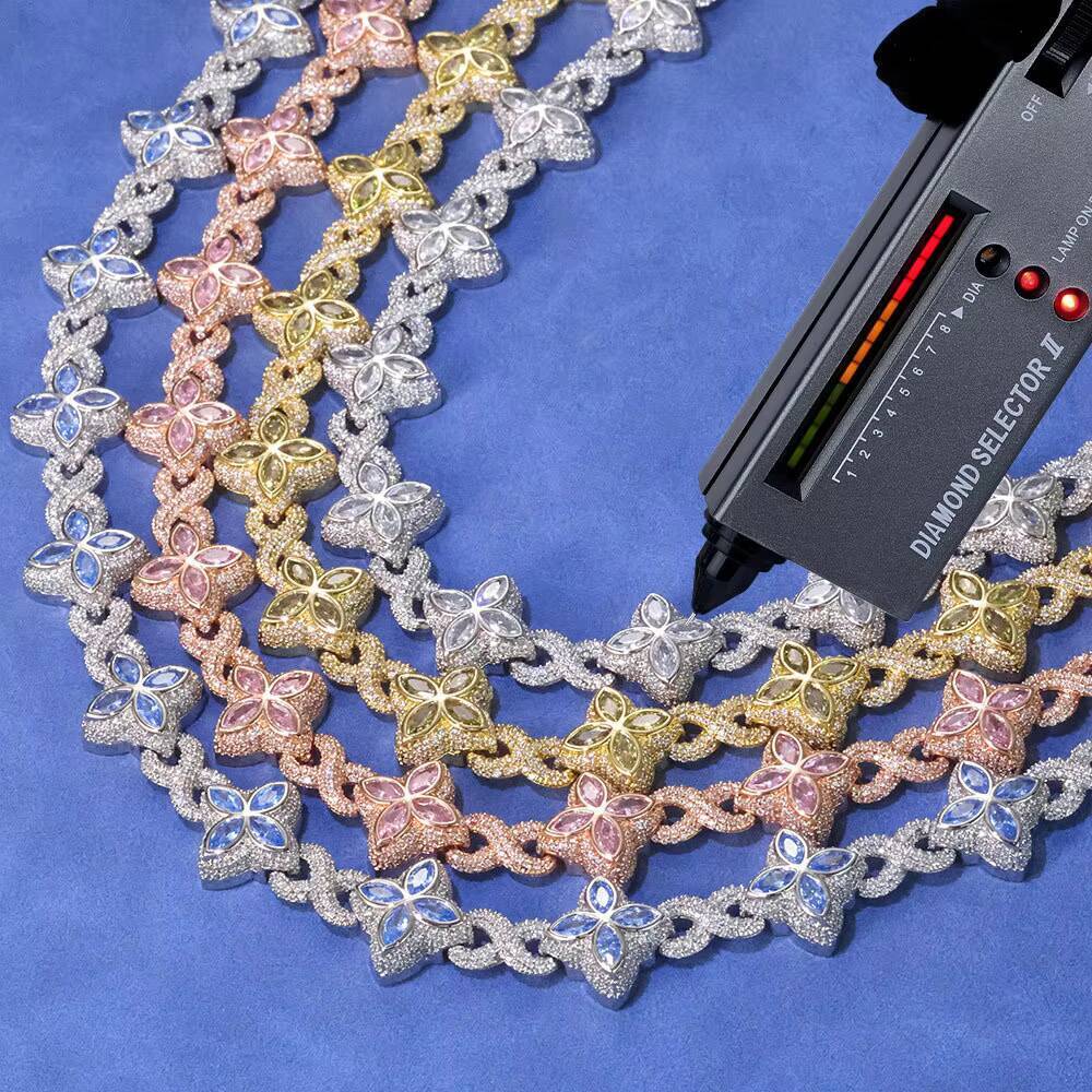Luxury 925 Sterling Silver Versatile Hip Hop Link Chain Necklace Colored Moissanite Cuban Clover Flower Pattern Unisex
