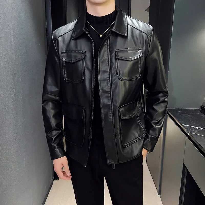 High Quality Clothing Fashion Trend Personalized Leather Mens Jacket New Mens Standing Collar PU Leather Jacket MenT251204