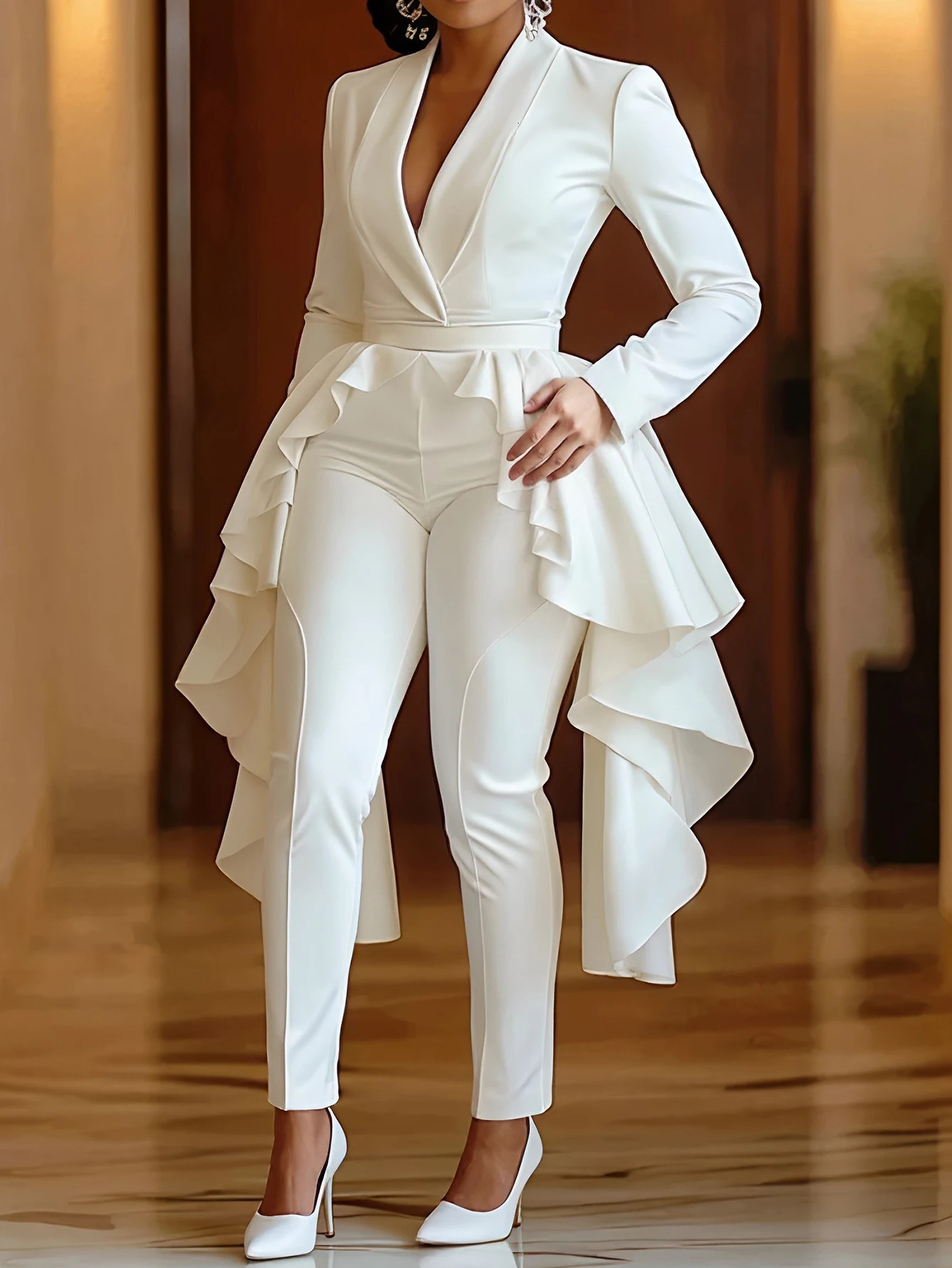 Womens Jumpsuit Elegant Long Sleeve VNeck Ruffled Hem Formal Party Chic Dressy 251204